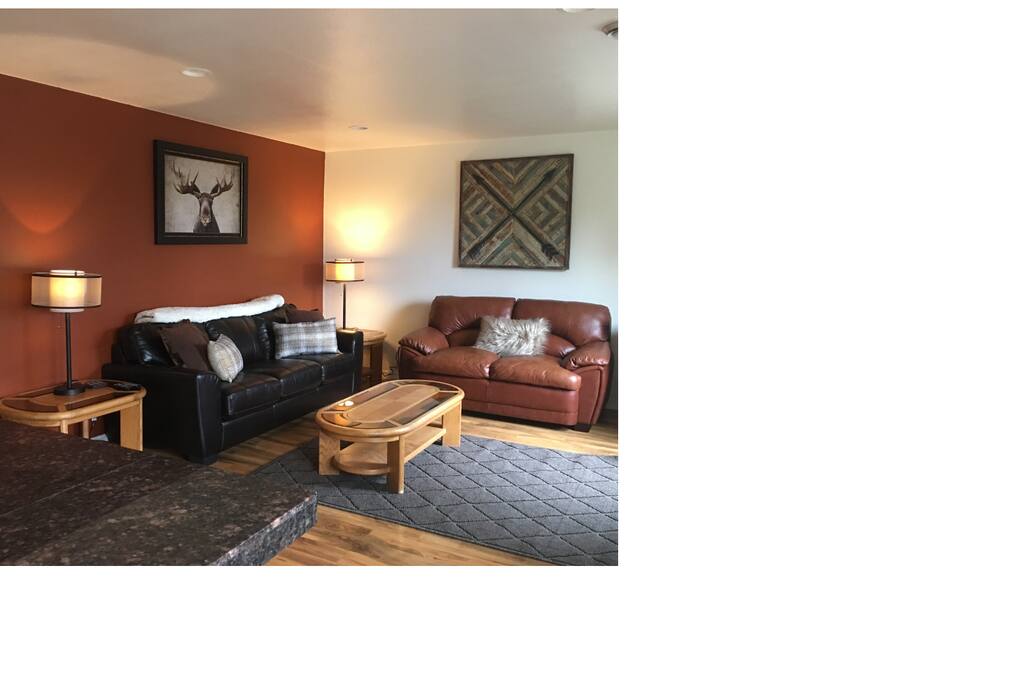 Living room with leather queen size sleeper sofa, TV, and LED candle lit fireplace