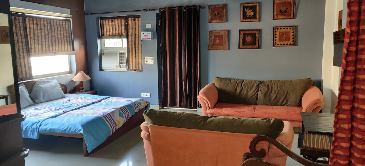 A furnished studio is shown with a spacious bed featuring blue bedding, complemented by a cozy seating area with two sofas in contrasting colors. Wall decor includes framed artworks, and a window is adorned with striped blinds, allowing a soft light to filter in.