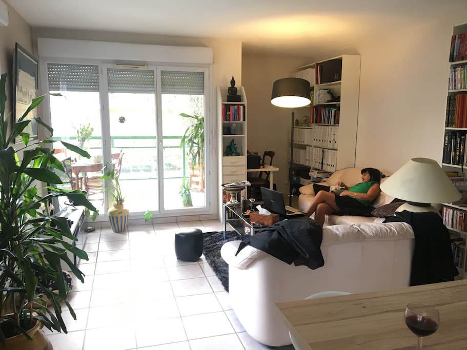Espace salon, bibliothèque et bureau