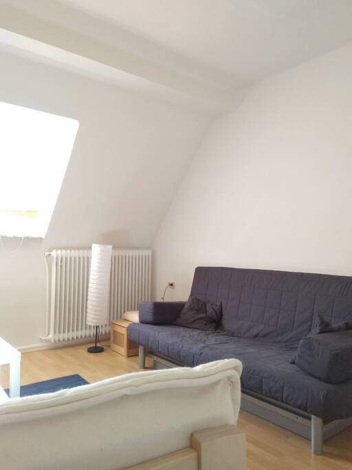 Wohnzimmer mit zwei Sesseln, einem Schlafsofa, Stereoanlage, Fernseher (Kabel, Netflix), Reiseführern, Spiele.