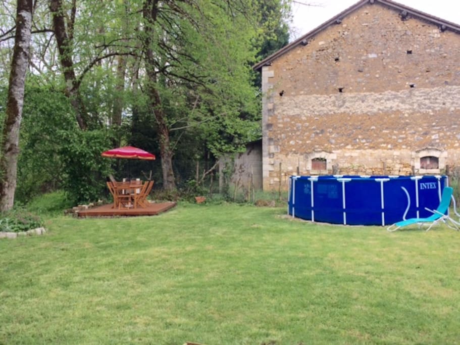 Riverside garden, decking, bbq and pool