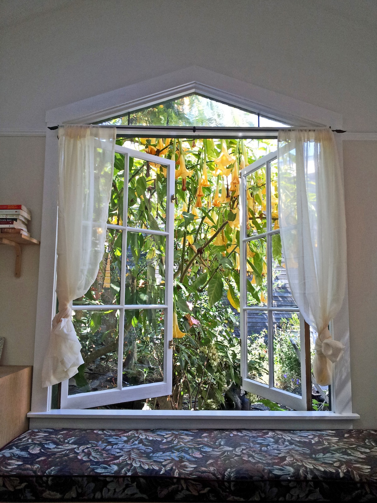 A large window adorned with light curtains invites natural light into the space. Leafy green plants and bright yellow foliage are visible outside, providing a serene view of the private garden.
