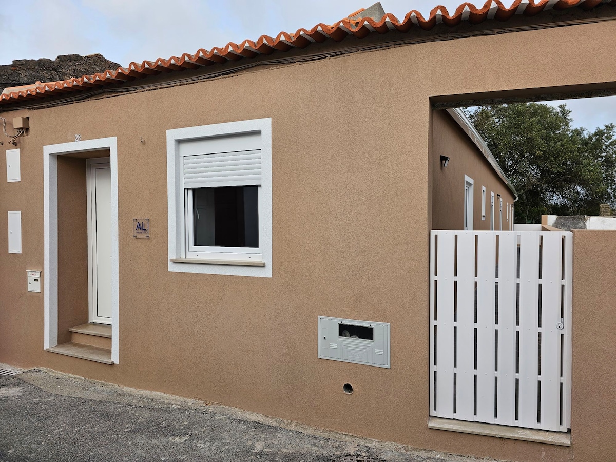 The exterior of the house features a beige facade with a white window framed by a tiled roof. A gate provides access to the property. The entrance steps lead up to a doorway, complemented by a pedestrian gate adjacent to the entrance.