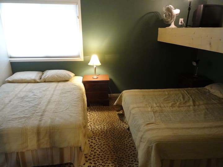 ห้องพักนี้มีเตียงขนาดควีนไซส์ 2 หลังและเตียงสองชั้นคู่และมีตัวเลือกสำหรับเตียงคู่ในตู้เสื้อผ้าแบบเดินเข้าได้ที่มีหน้าต่างเวลากลางวัน