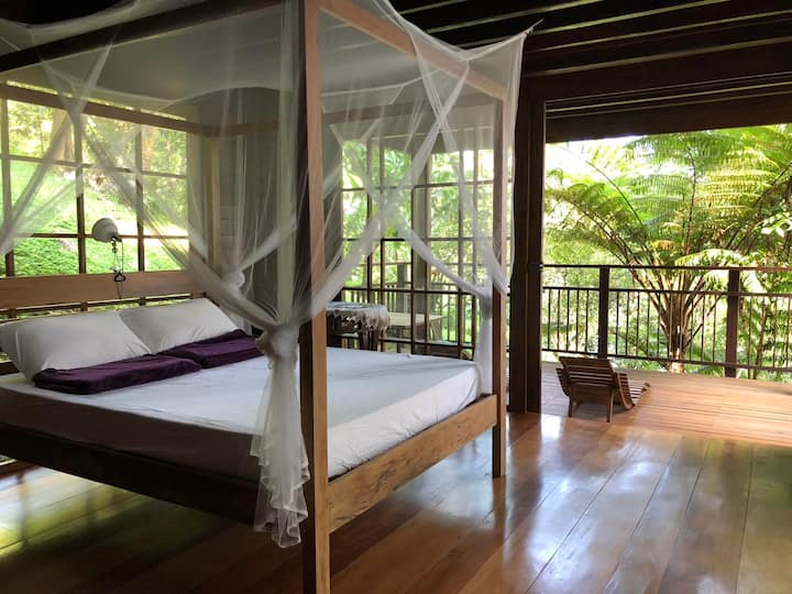 One of the 3 bedrooms in our springside cabin facing the lake.
