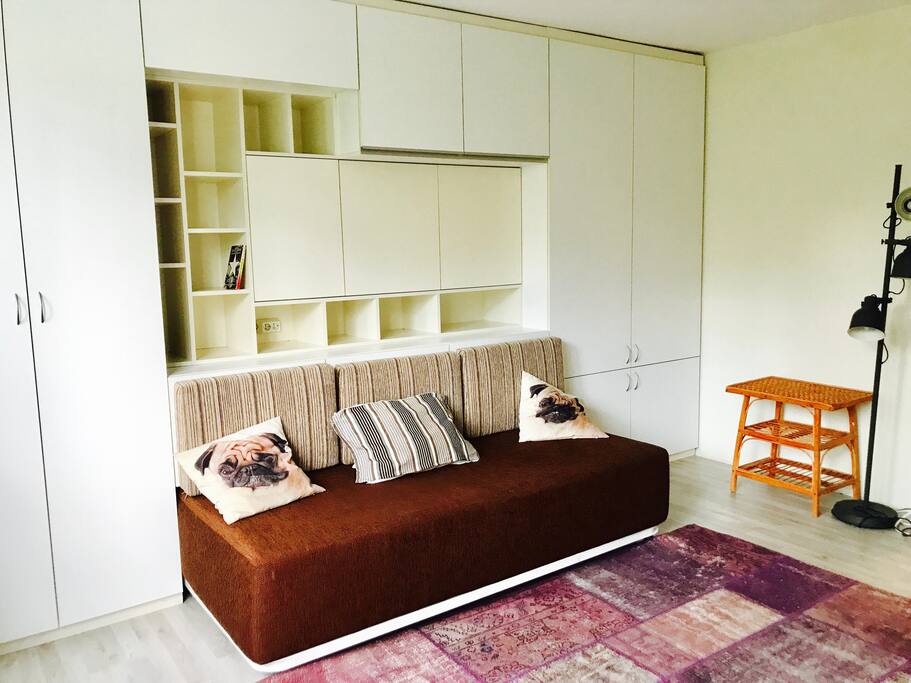 This couch pulls out to function as a bed during the night.