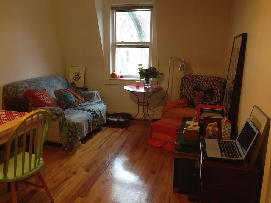 Living room with hardwood floors, open kitchen and exposed brick wall