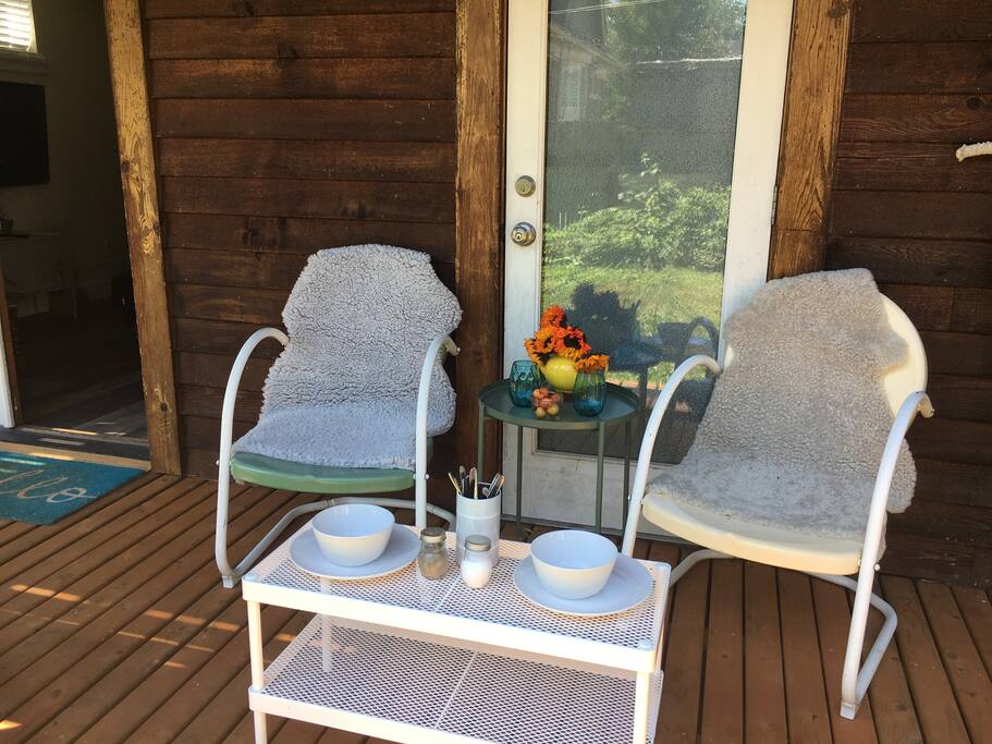 Luggage rack doubles a portable eating or coffee table.