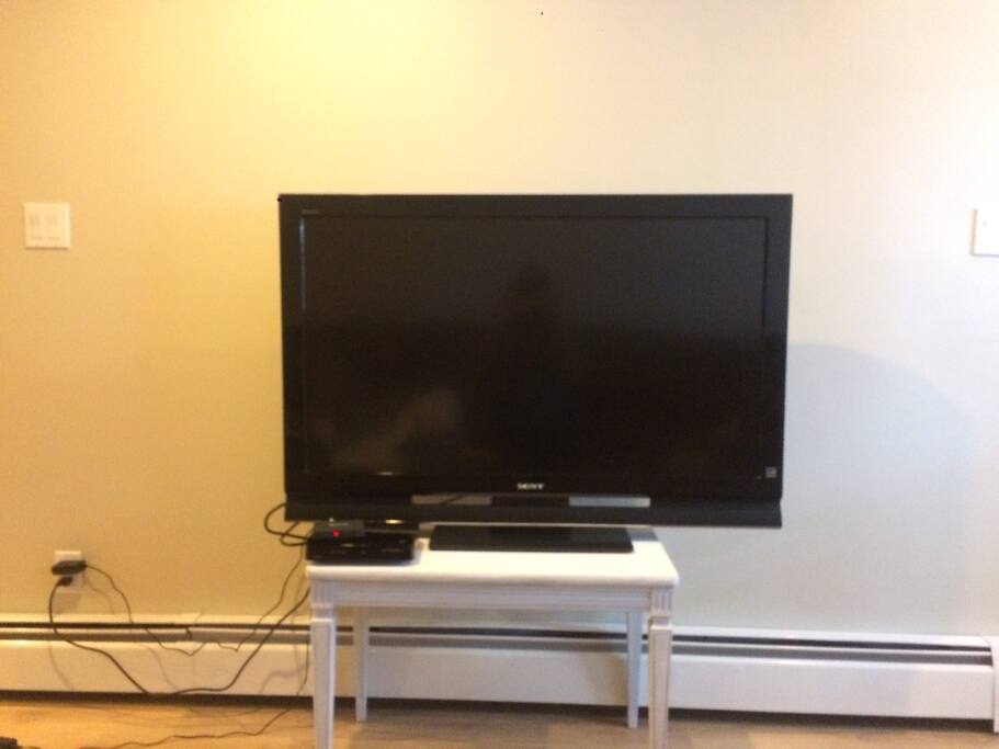Large tv with all the movie channels and black box to get all the movies not out yet. Connected to wifi.