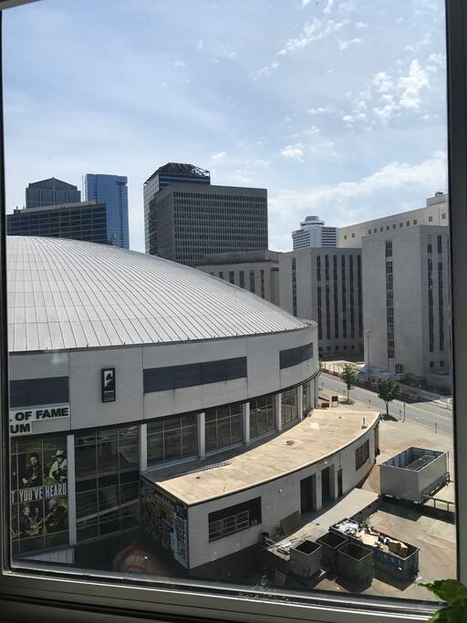 View from window overlooking downtown and the musicians hall of fame