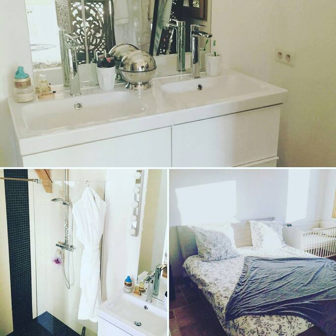 La chambre avec la salle de bain attenante