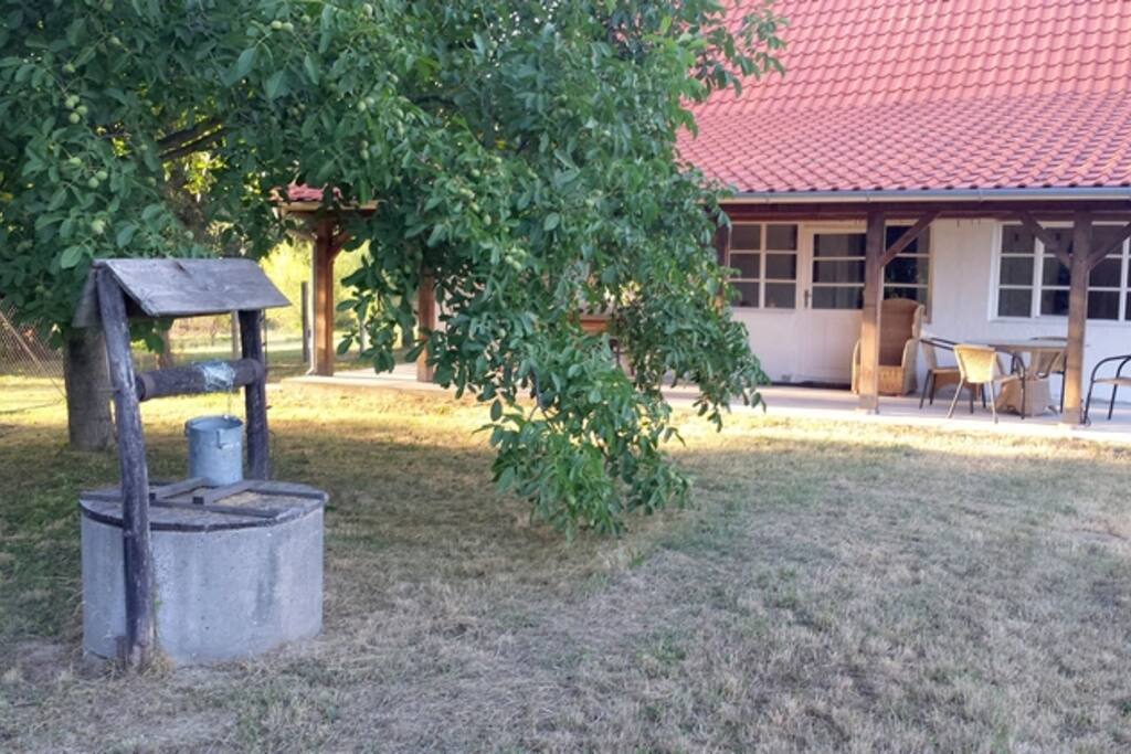 View on the authentic well and the veranda.