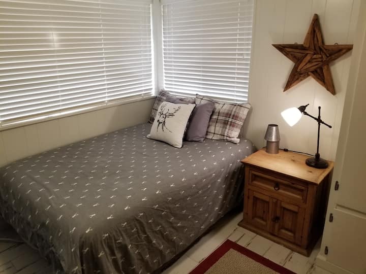 The apple room with a full size bed and  bunk beds. 