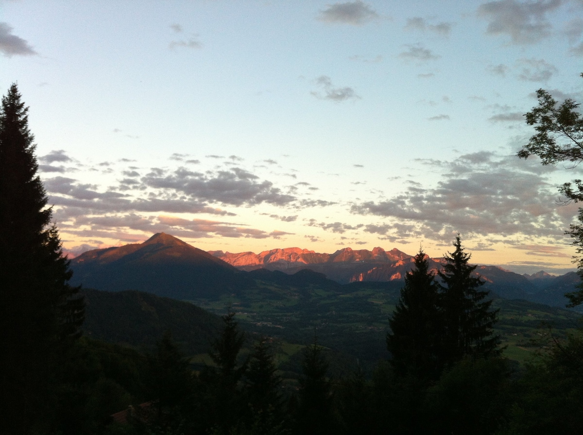 The landscape showcases sweeping mountain views under a softly lit sky at sunset. Peaks are illuminated in hues of pink and orange, while a foreground of tall trees adds depth to the serene scene. Cloud formations enhance the tranquil evening ambiance.