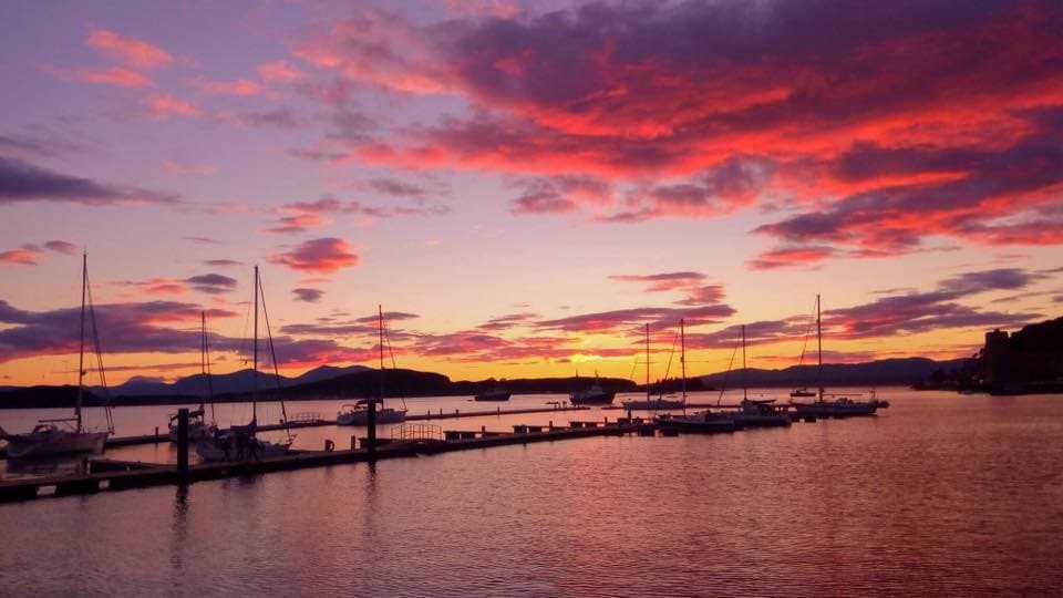 A tranquil harbor view is presented at sunset, featuring a range of sailboats moored along the dock. The sky is filled with vivid shades of pink, purple, and orange, reflecting beautifully on the calm waters of the bay.