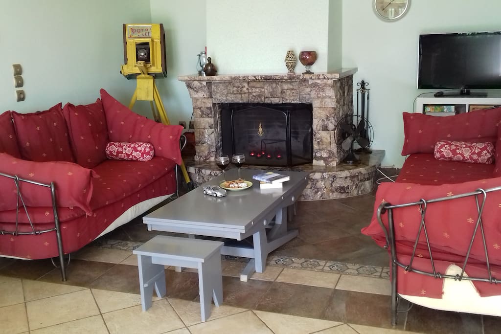 Our living area and fireplace.