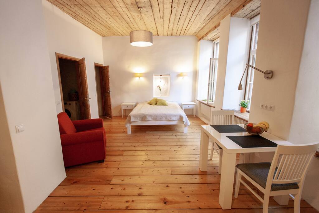 Even a little warehouse is accessible from studio room.
The armchair can be converted to bed 196cm * 78cm.