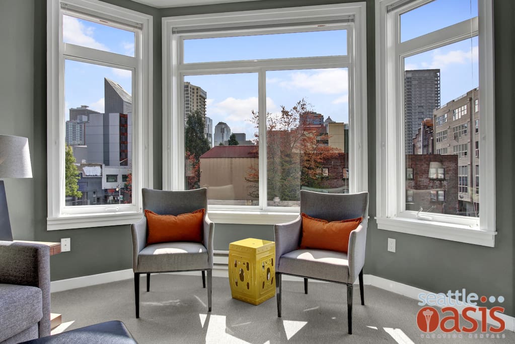 The large bay windows let in plenty of natural light.