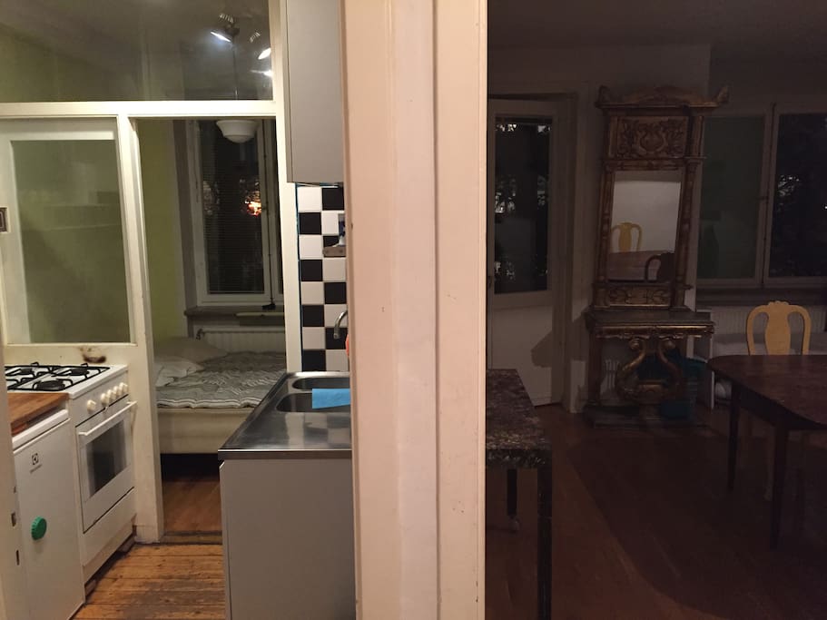 Kitchen and living room from entrance hallway