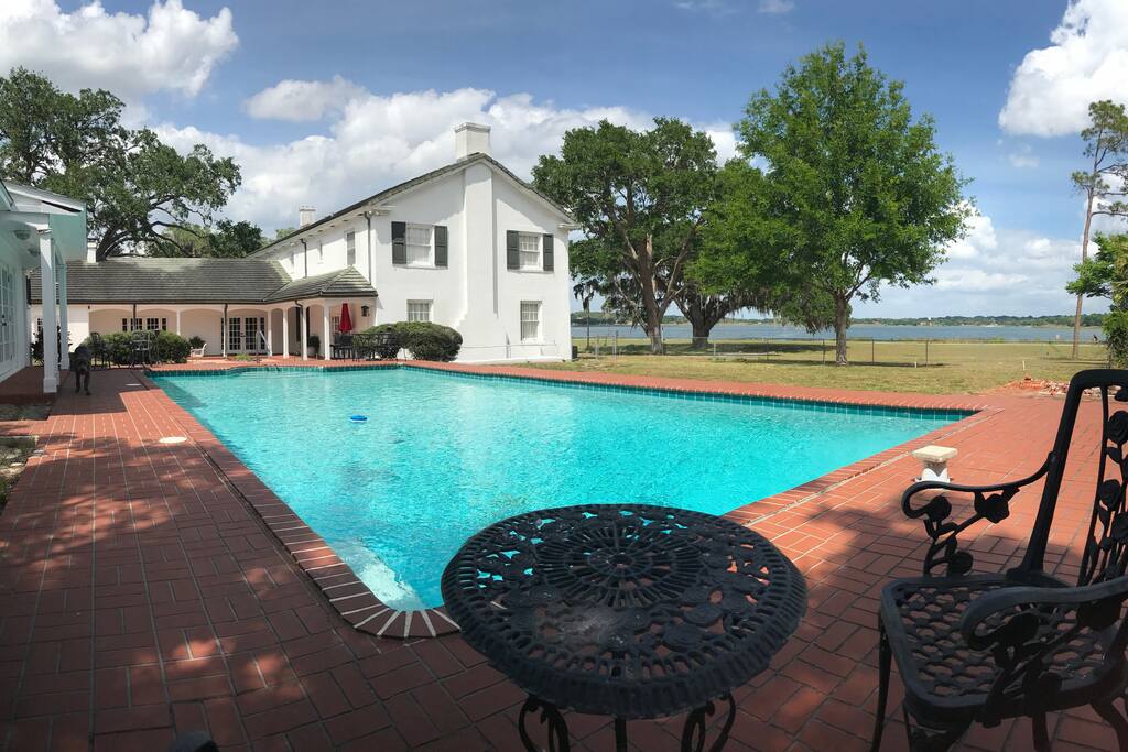 Full size pool and patio with lake view