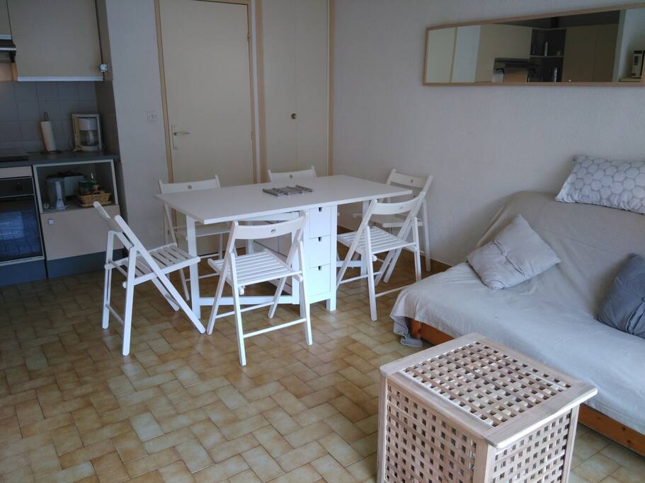 Séjour spacieux, table pour 6 personnes. Table basse, Télévision
