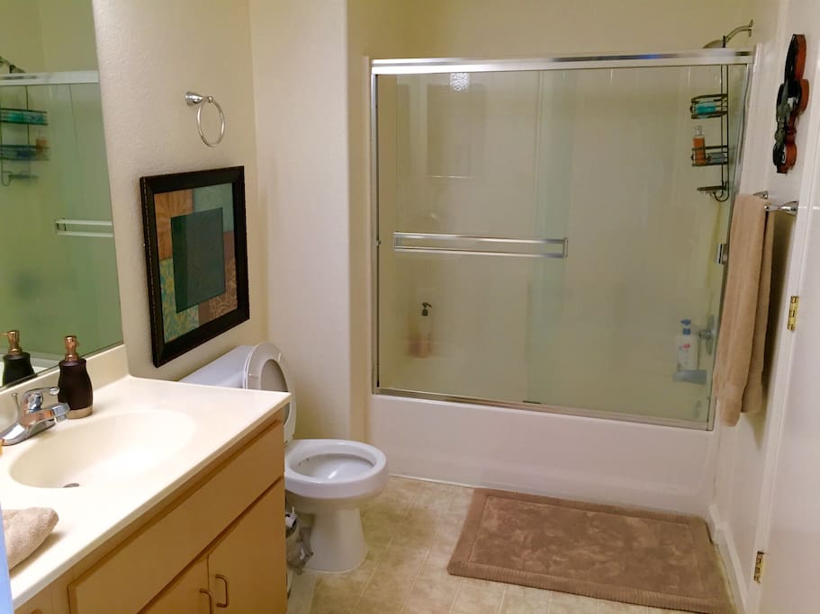 Good size bathroom with bath/shower