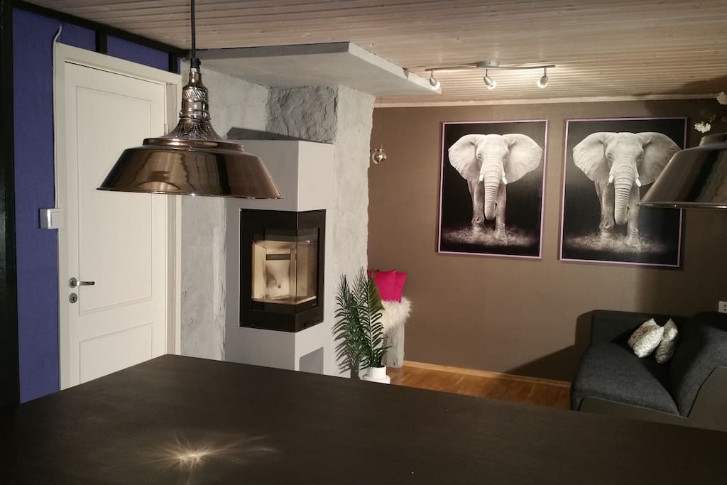 Fireplace seen from kitchen