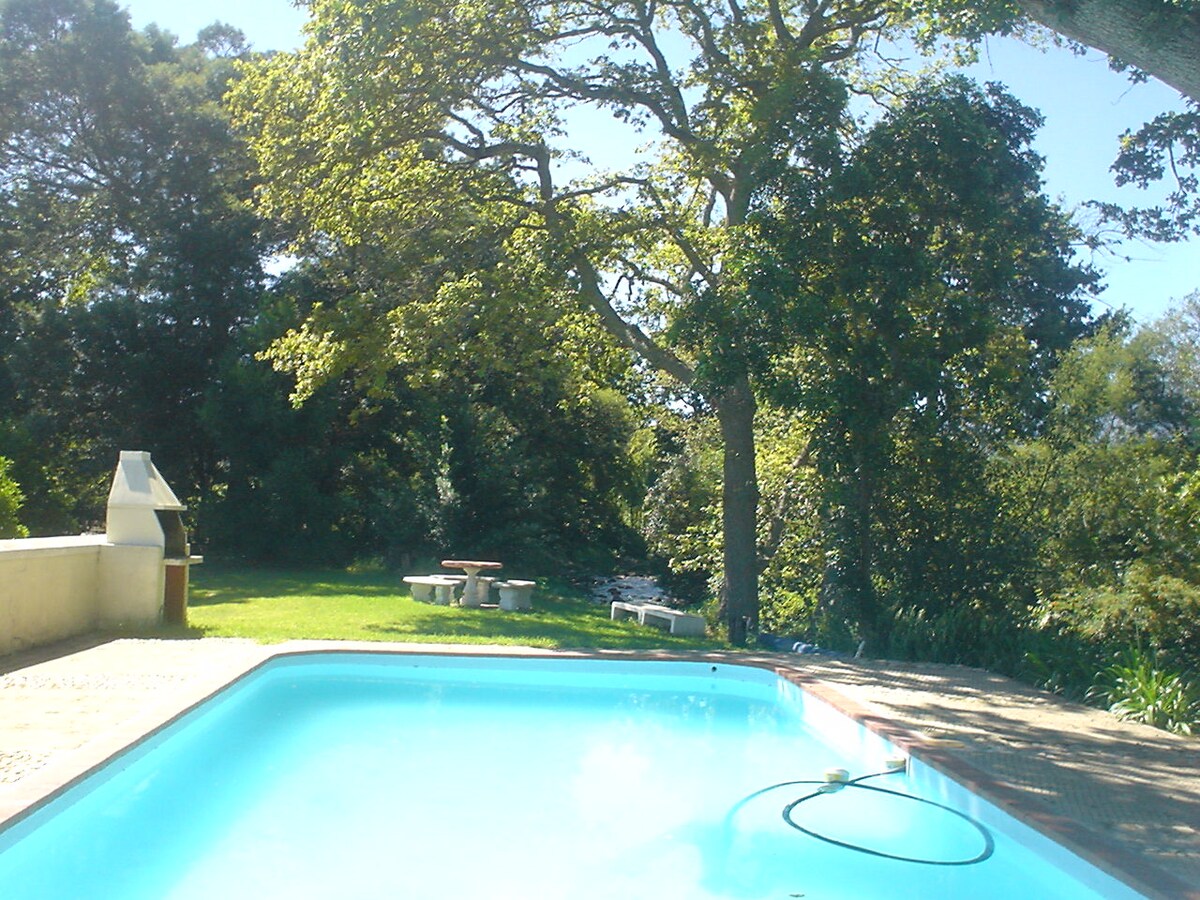A serene swimming pool with clear blue water is framed by lush greenery and ancient oaks. Outdoor seating is visible on the grassy area nearby, providing a space for relaxation. A barbecue grill is positioned to the left, enhancing the outdoor gathering experience.