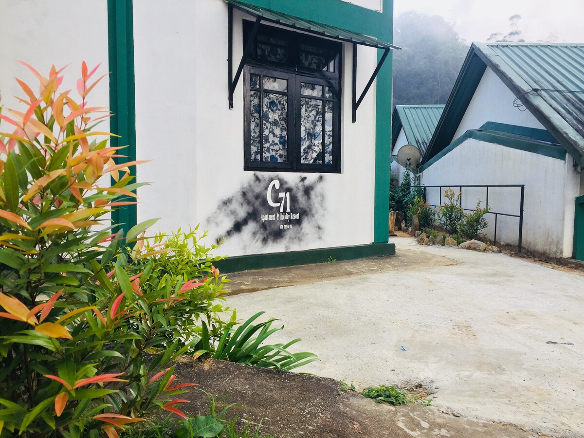 The exterior of the C 7 one Apartment features a clean, white wall with green accents and a clear logo displayed. Nearby, vibrant plants with red and green leaves provide a natural touch. The surrounding area contains a paved driveway and a glimpse of additional buildings.