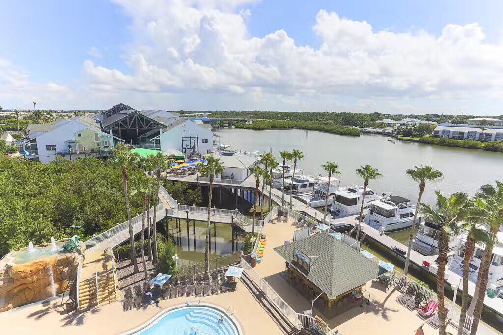 Aerial view captures a vibrant outdoor area featuring a pool surrounded by palm trees. Nearby, the waterway is lined with recreational boats. A colorful building is visible in the background, contributing to the lively atmosphere of the locale.