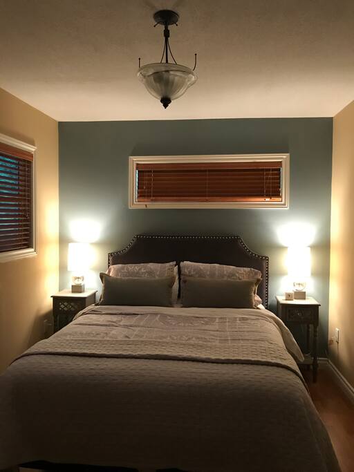 Queen size Bed a quilted headboard. Comfortable and new