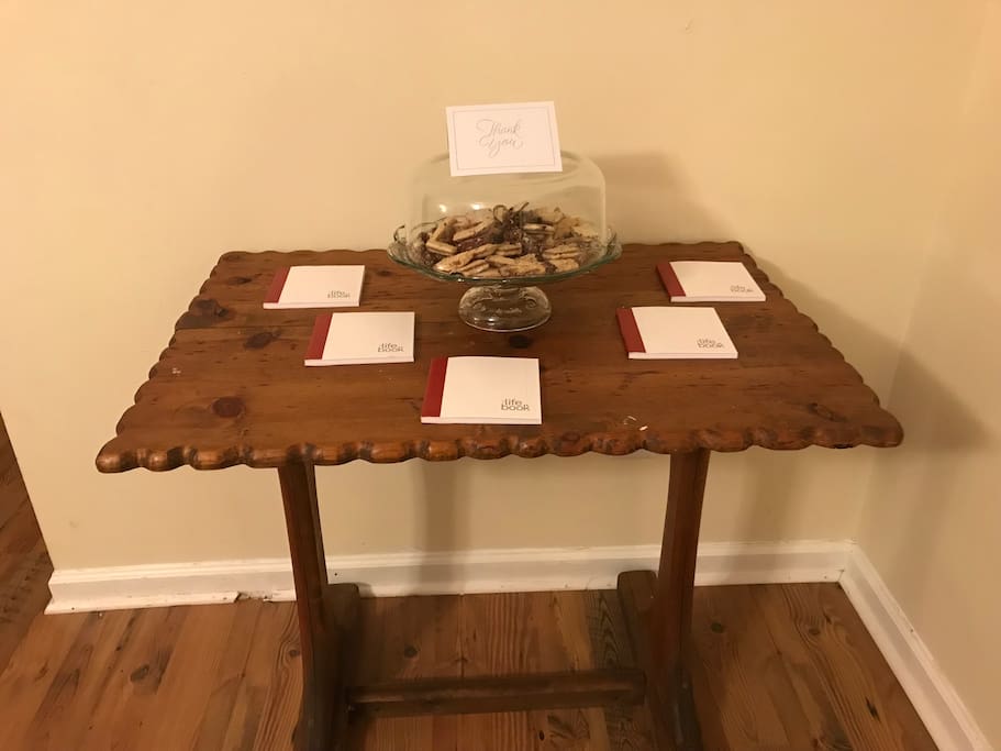 Our welcome table is filled with all kinds of treats as a special thank you from your hosts.