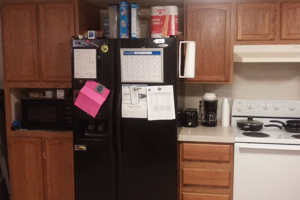 Fridge, microwave,toaster, coffee maker and stove