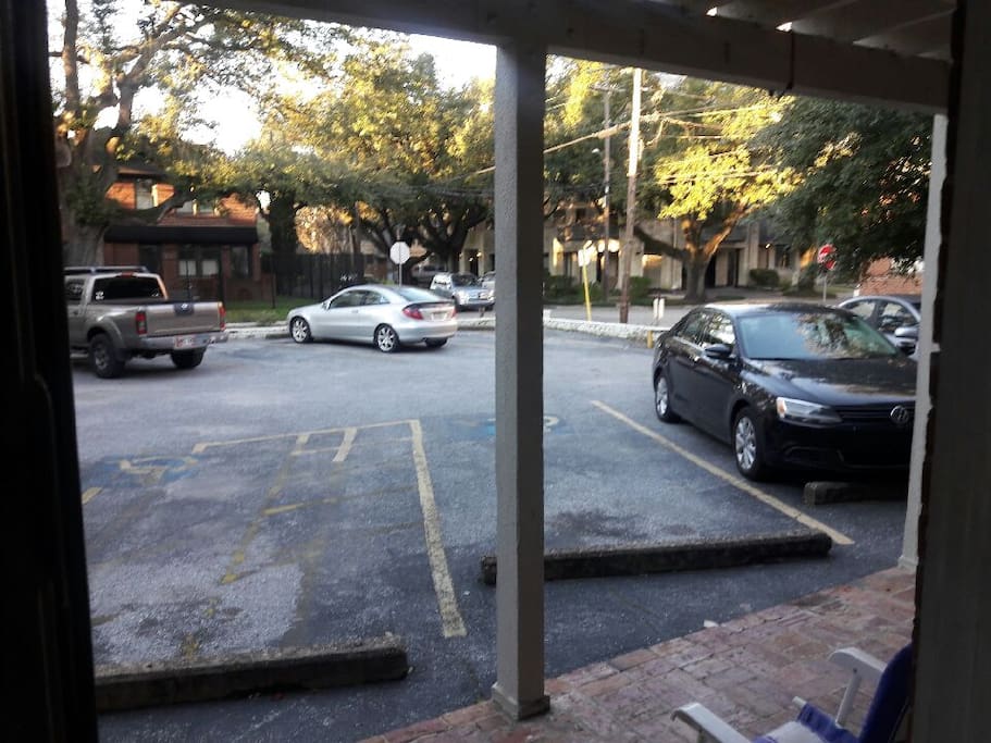 looking out from the door to the parking area