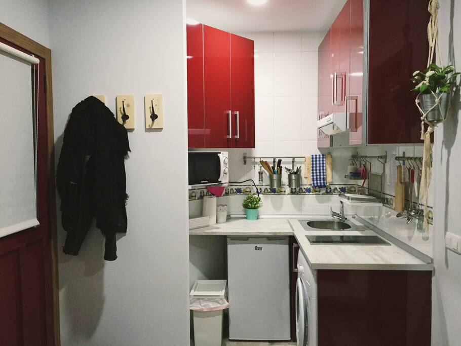 Puerta de entrada y cocina.