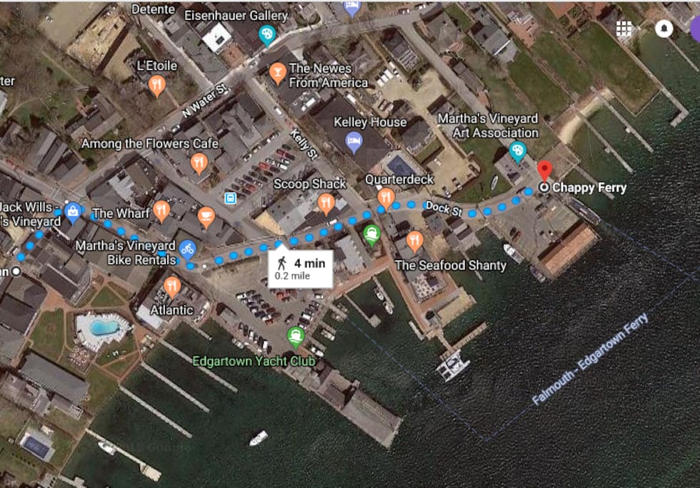 Less than a 4 min. walk to the Chappaquidick Ferry (and - in an amazing coincidence - bike rentals are right outside your door!)
(Courtesy of GoogleMaps)