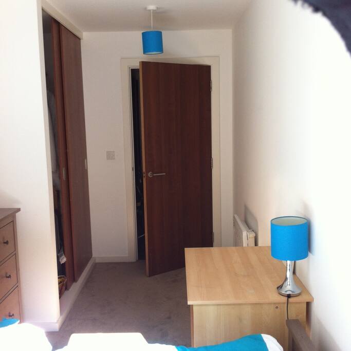 View from the bed with fitted in cupboard for use.