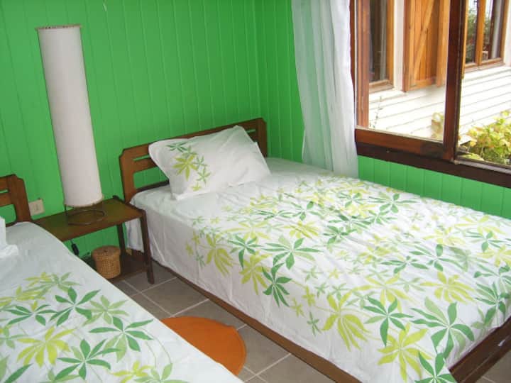 Спална соба со два кревета и убав поглед кон градината и морето