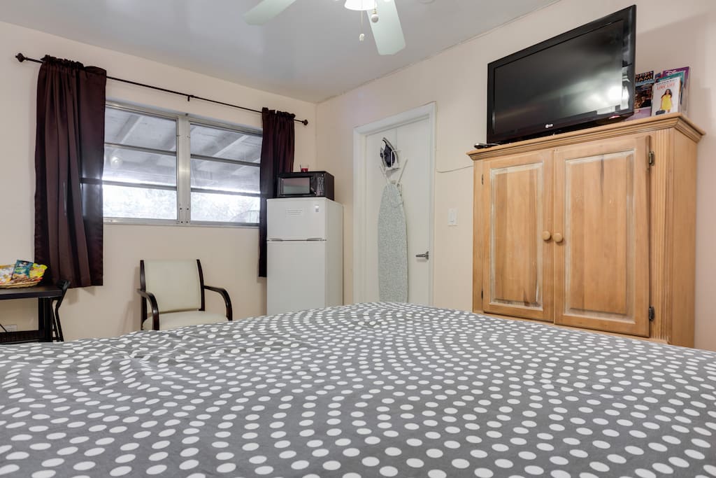 well equipped room,
ceiling fan,