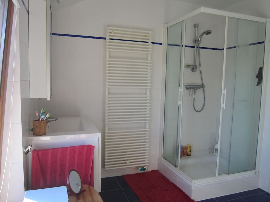 Salle de bain avec douche, WC suspendu, sans vis-à-vis.