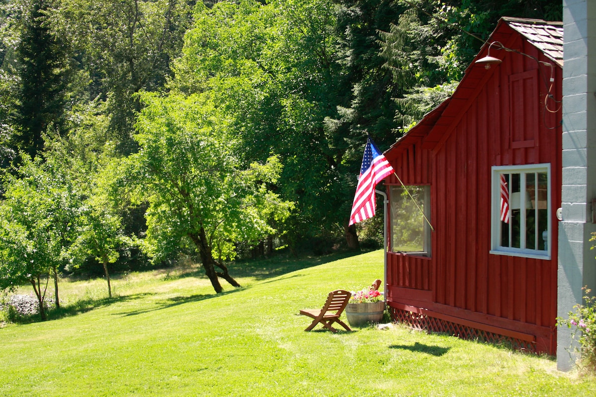 A rustic red cabin is positioned on a grassy lawn, surrounded by lush greenery. An American flag waves from the side of the building, and a single wooden chair is placed nearby, inviting relaxation outdoors. The landscape showcases a serene, natural environment.