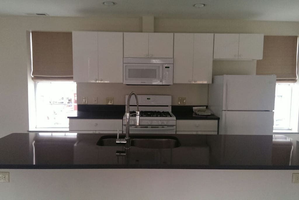 Solid surface counter tops and island, double stainless sink...high gloss cabinets. Front windows overlooking Main St.
