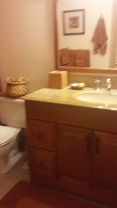 Nice granite counter top bathroom with matching bathroom set.
