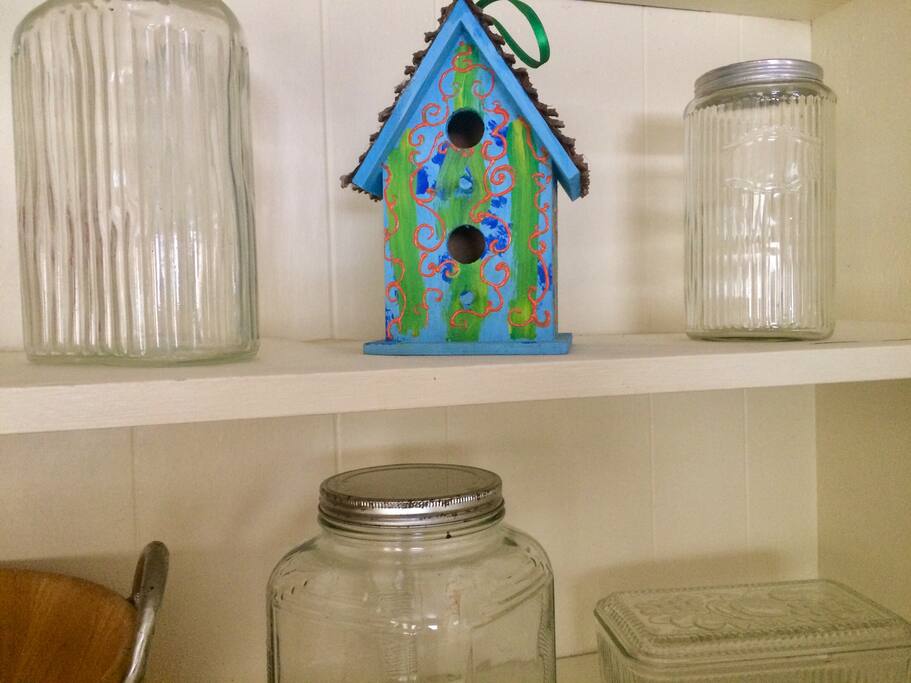 Vintage kitchen glass refrigerator water bottle, coffee jar and candy jar.