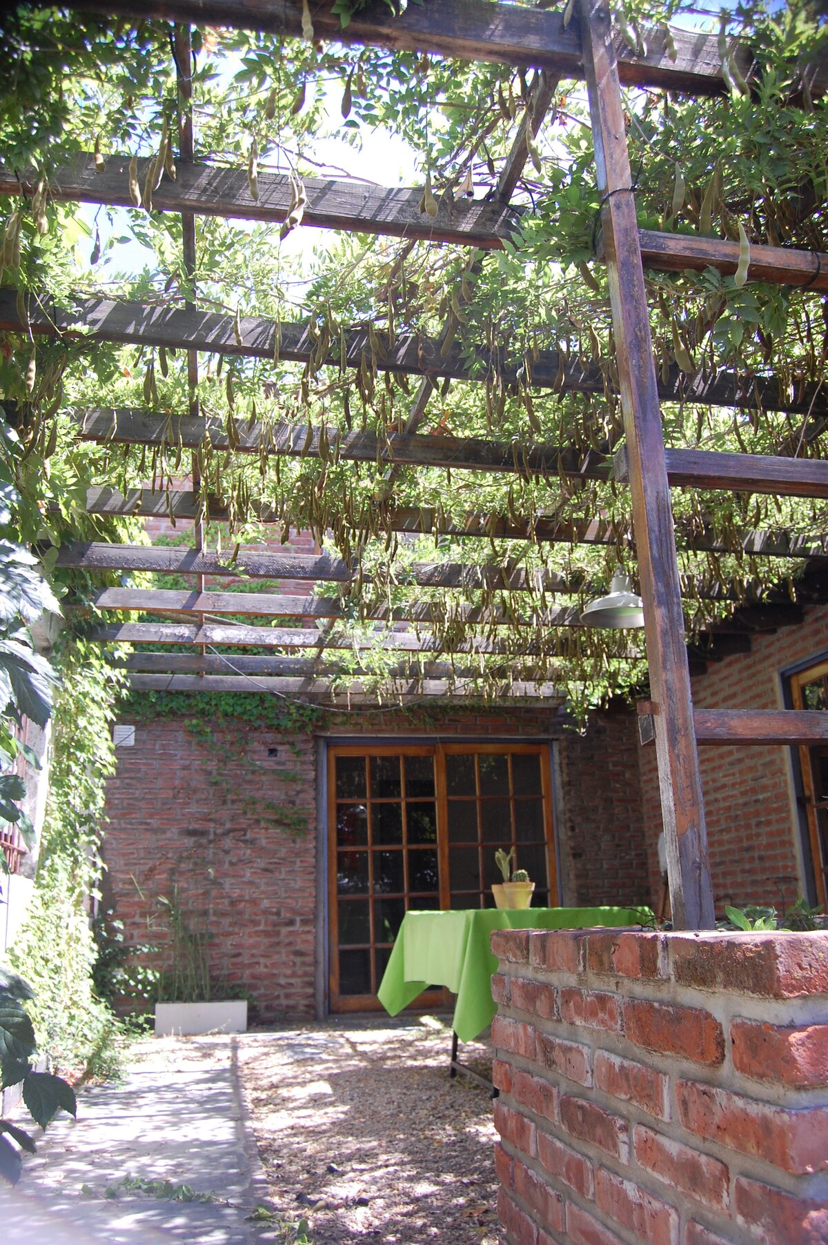 An outdoor pergola is covered with lush green vines, providing shade. A wooden table is set underneath, accompanied by a green tablecloth. The brick wall adds a rustic touch, while large glass doors in the background invite light into the space.