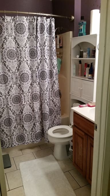 Shared full bathroom upstairs, stocked with towels and basic essentials