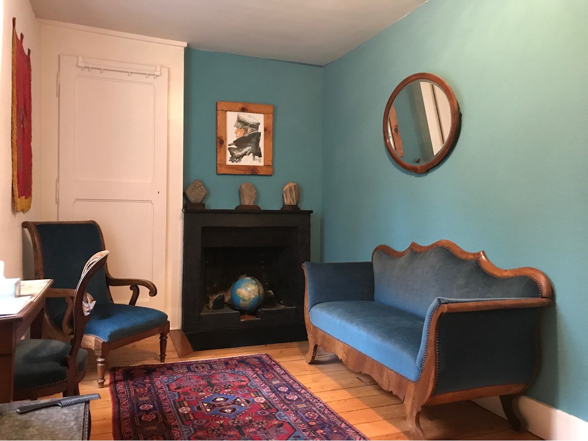 A cozy corner of the room features a vintage blue sofa and an elegantly curved armchair, both set against striking turquoise walls. A round mirror hangs above a decorative fireplace, which is complemented by artwork and a small globe. A colorful area rug adds warmth to the wooden floor.