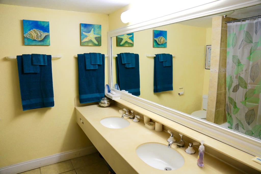 Spacious his and hers double sinks in the bathroom with tub and shower.