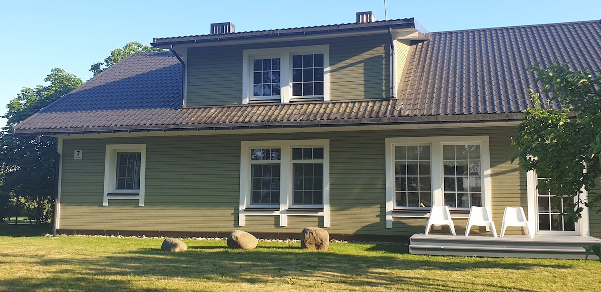 The exterior of a two-story house is shown with a light green wooden façade. Two white chairs are positioned on a small patio area, surrounded by a grassy lawn and a few decorative stones. Large windows allow natural light to fill the interior.
