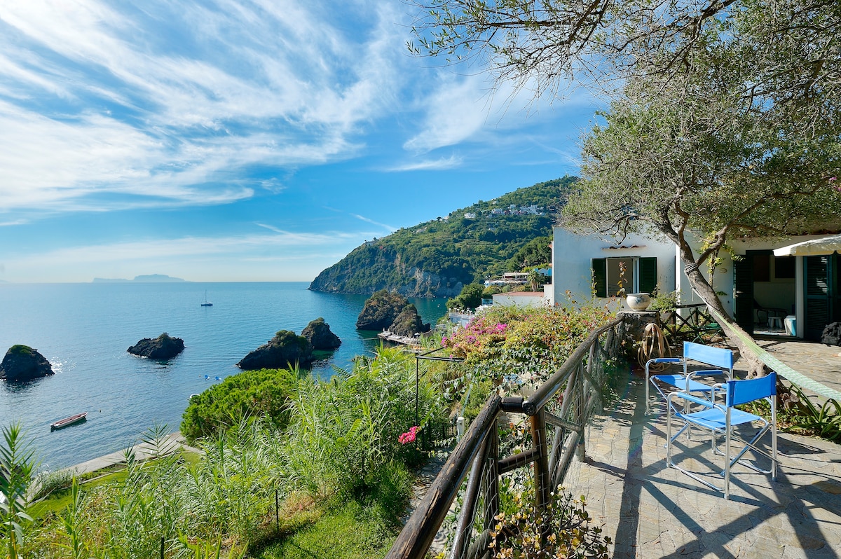 A scenic terrace offers views of the coastline and distant hills, with a mix of greenery and colorful flowers creating a vibrant landscape. A couple of blue chairs sit invitingly on the stone surface, with the tranquil sea visible just beyond.